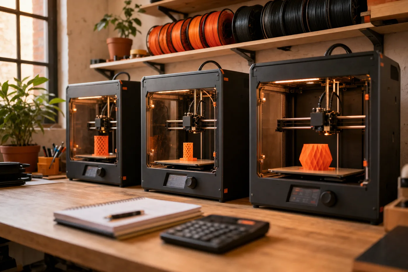 Three 3D printers running side by side in a small print shop