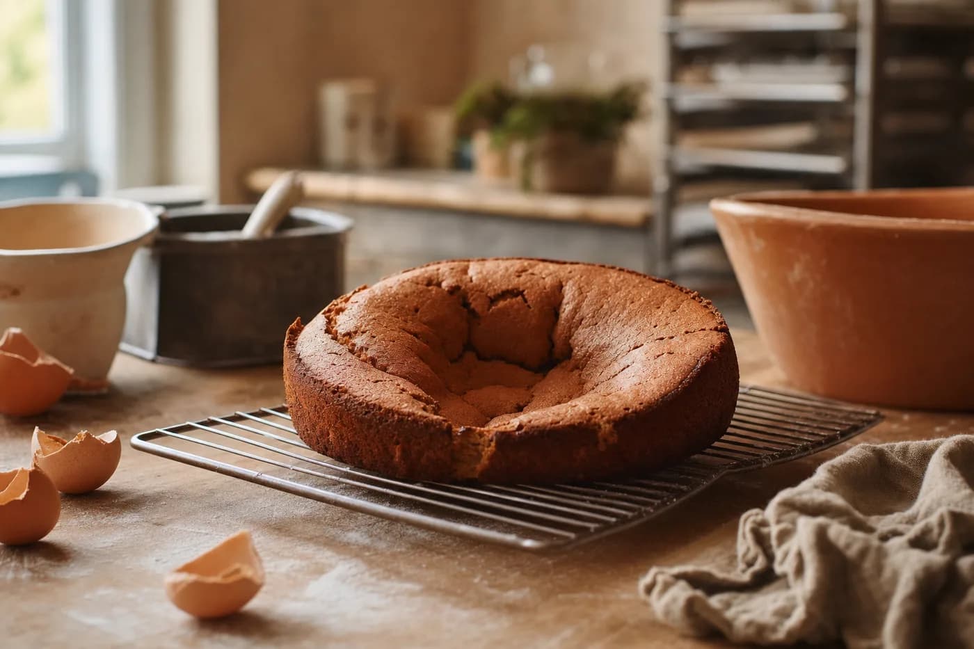 A sunken, failed cake, ingredients and hours wasted