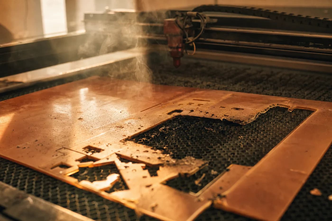 A burnt laser-cut piece with charred edges, wasted on the machine bed