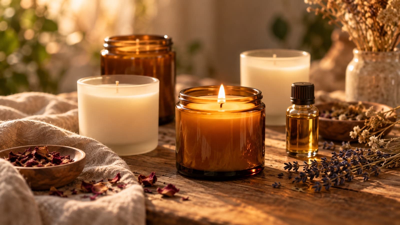Hand-poured candles in glass vessels on a workbench with wax and fragrance bottles.