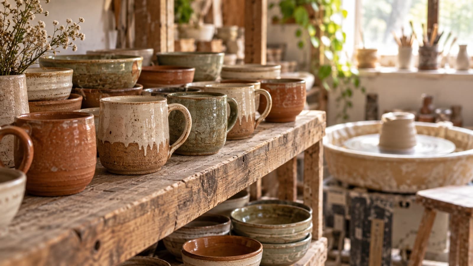 Handmade stoneware mugs and bowls with earthy glazes in a pottery studio