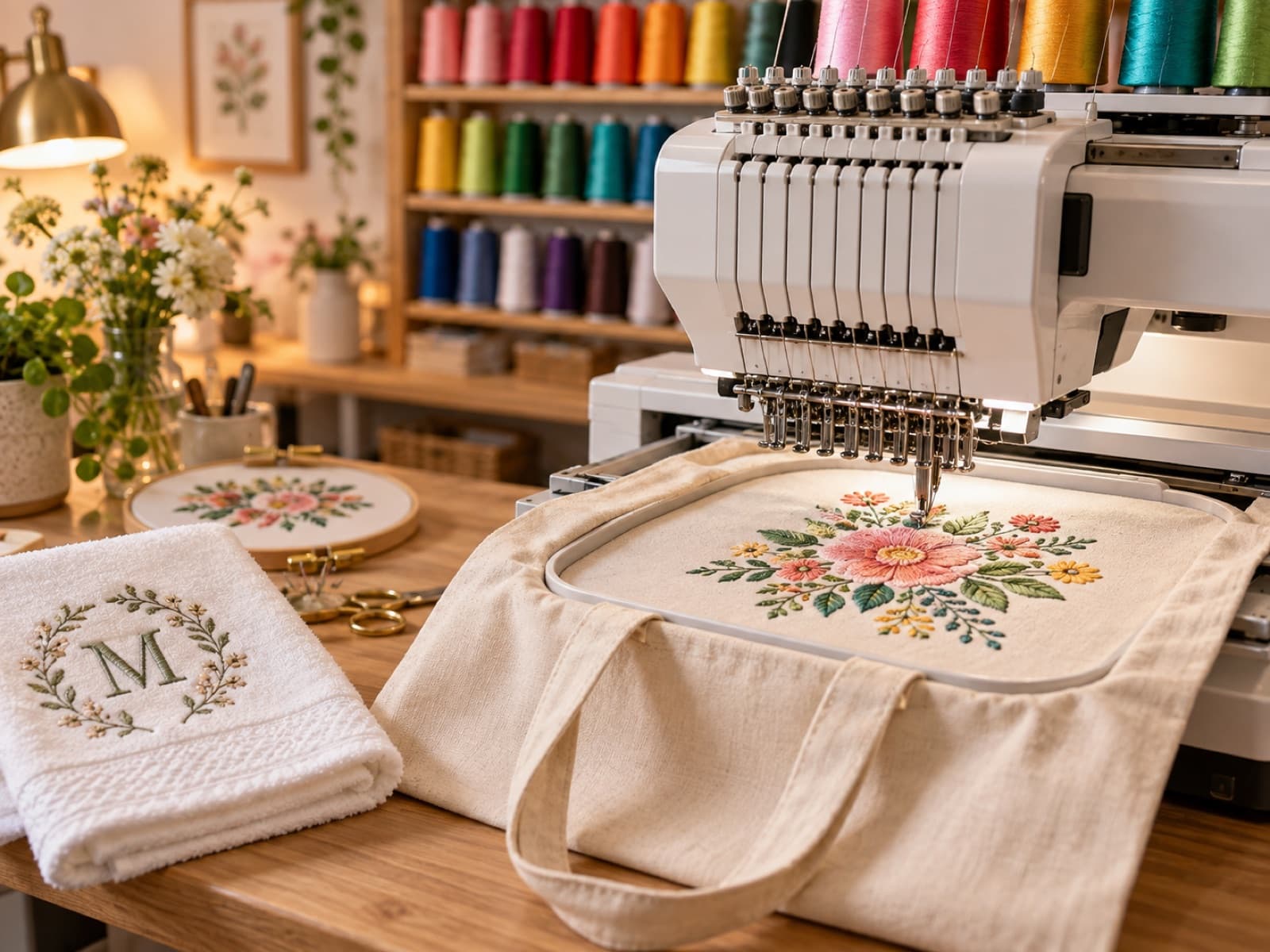 Embroidery pieces and materials in a maker’s workshop