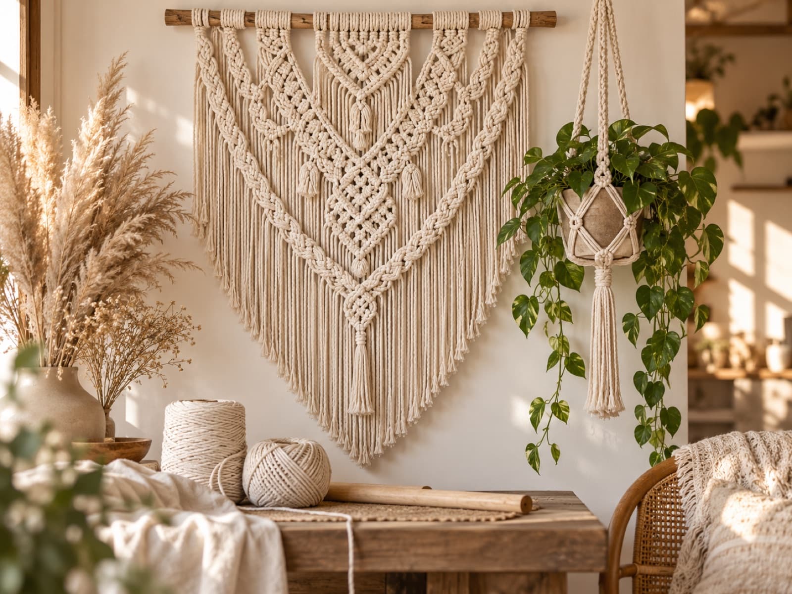 A macramé wall hanging in progress with cord, dowels, and a plant nearby.