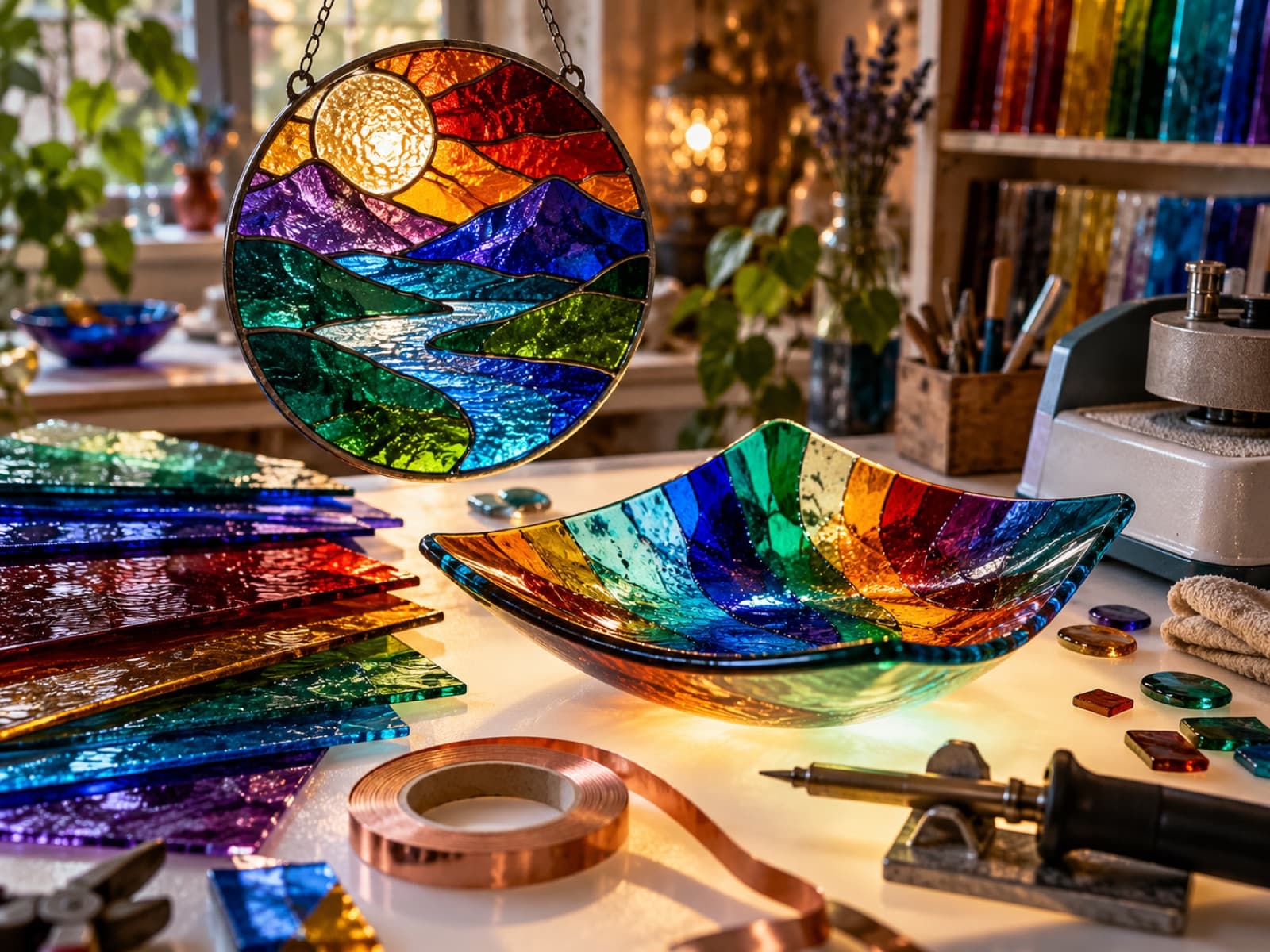 A stained-glass suncatcher and colorful glass sheets on a light table.