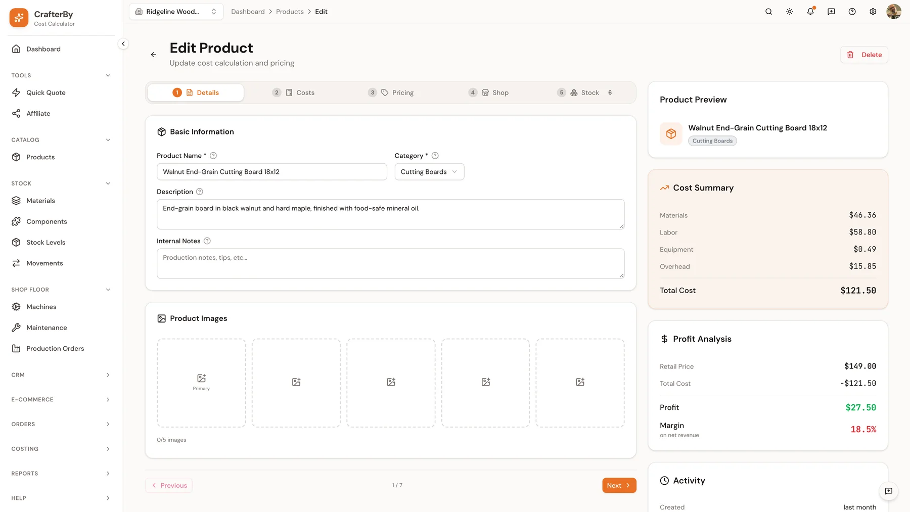 CrafterBy product calculator showing materials, labor, equipment and total cost for a sample woodworking product
