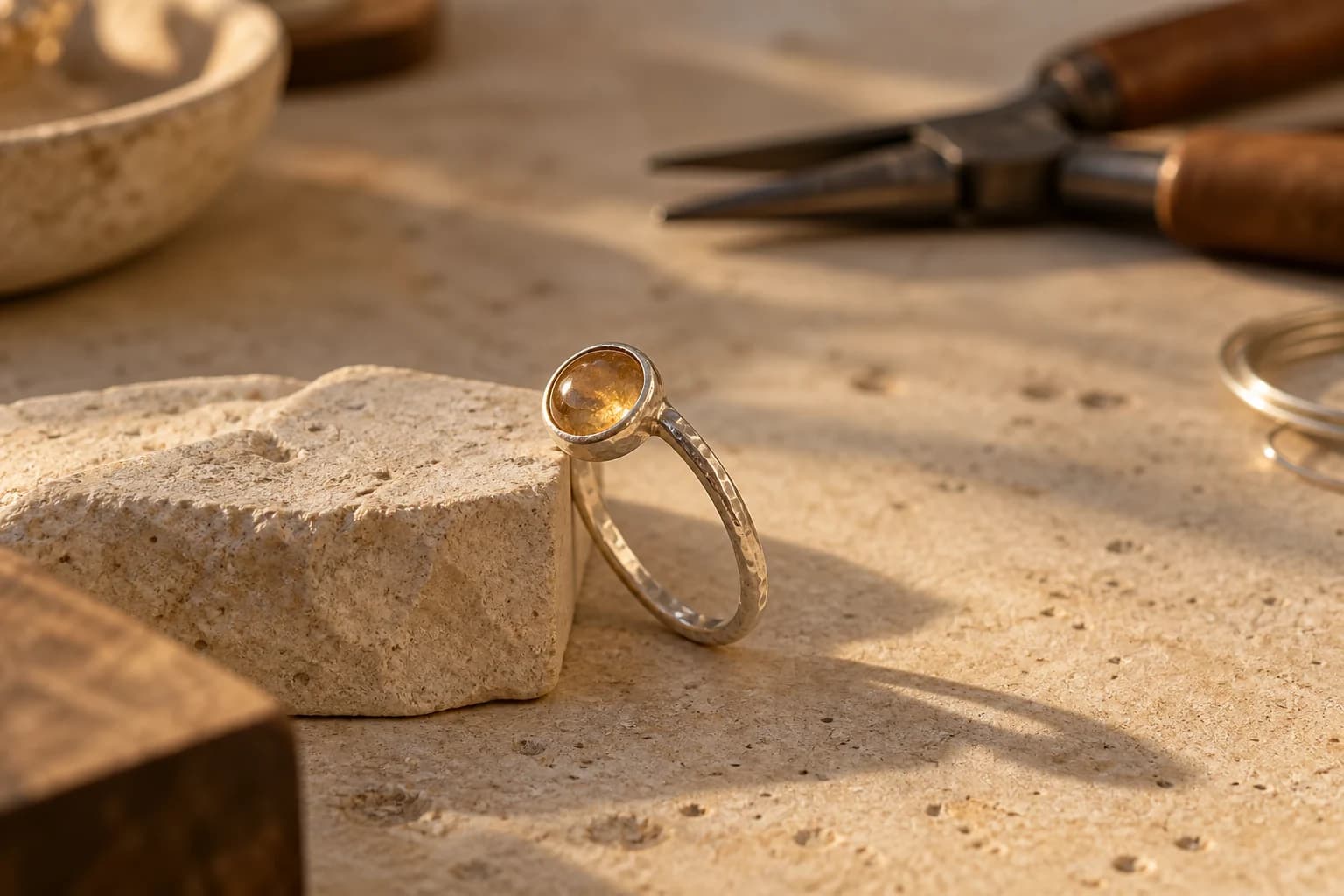 A jeweler's bench with silver rings, gemstones, and fine tools under focused light.