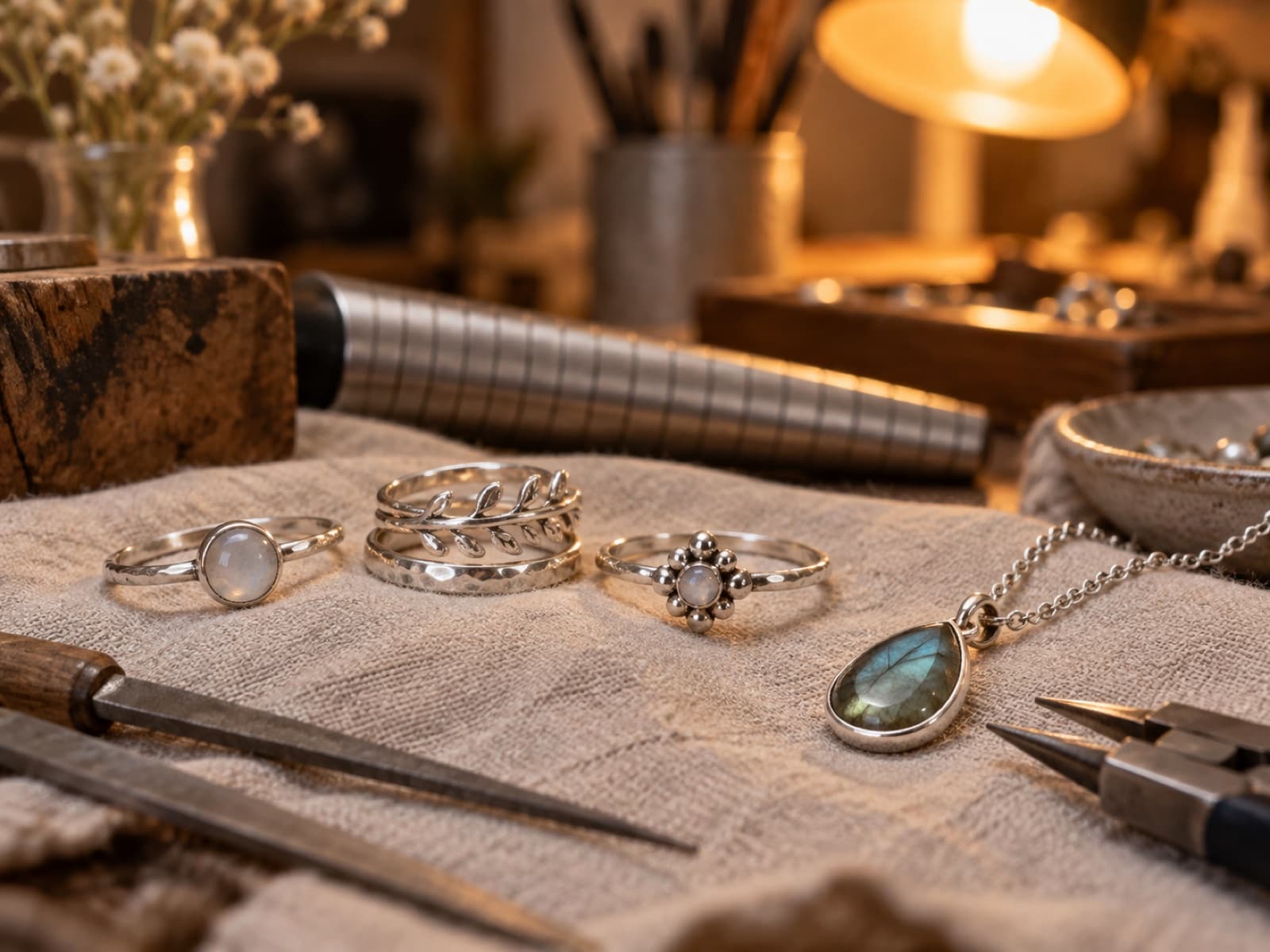 Jewelry pieces and materials in a maker’s workshop