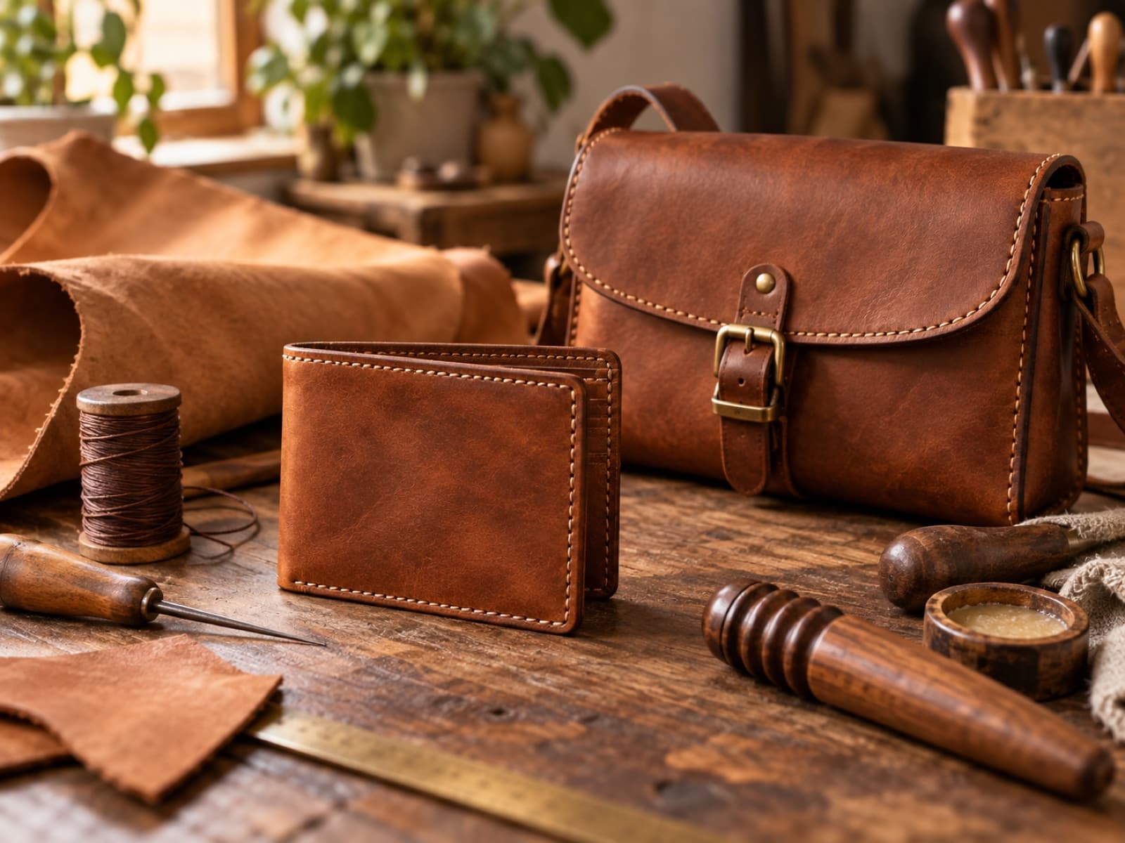 A leather workbench with a hide, hand tools, thread, and a stitched wallet.