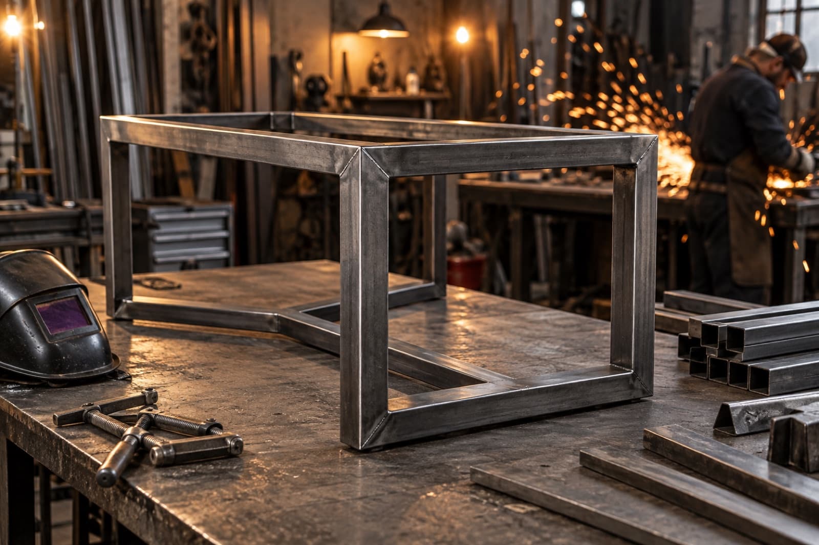 A metal fabrication shop with steel stock, sparks from a grinder, and a welded frame.