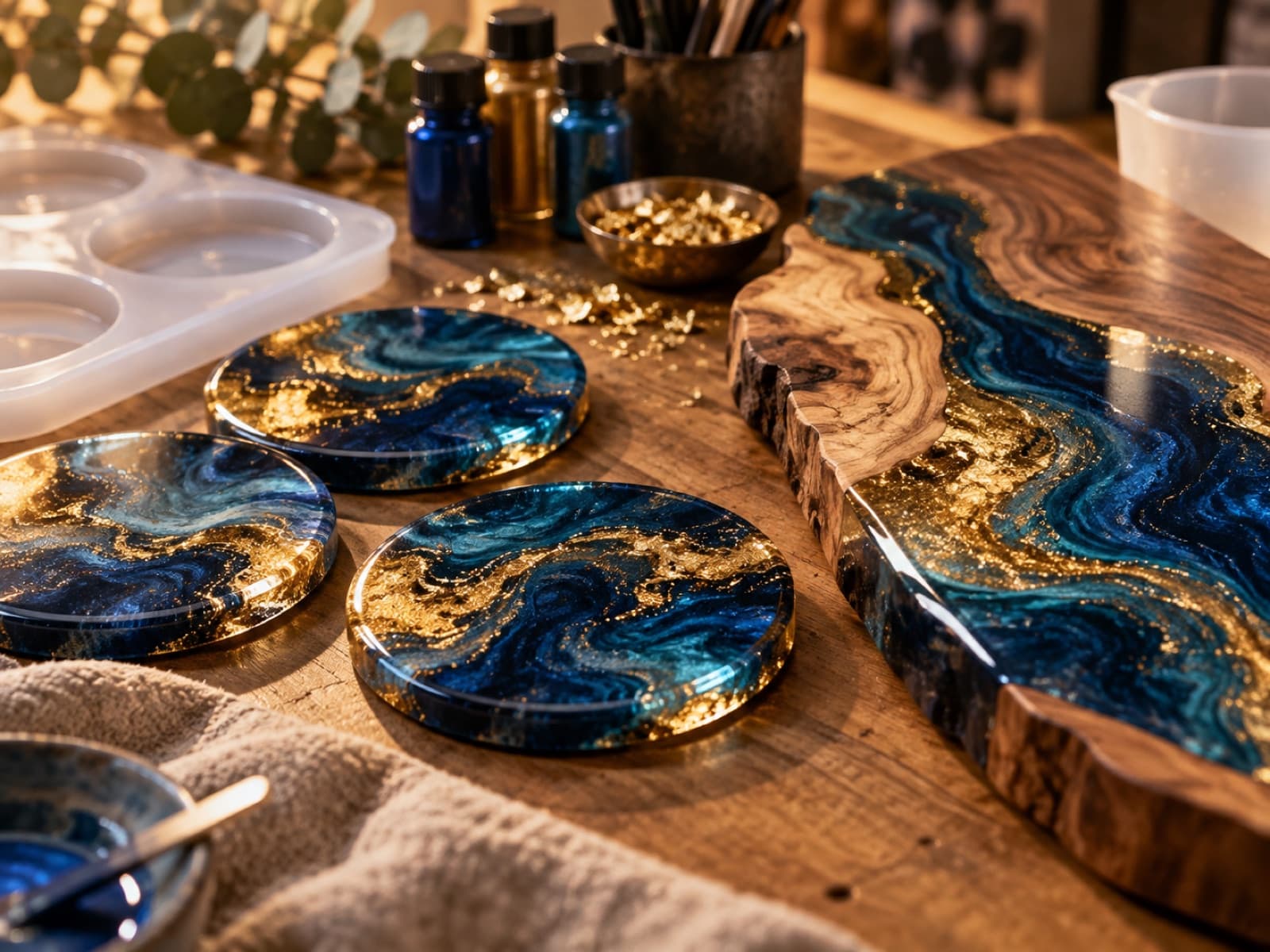 Resin coasters and a river-table pour with colorful pigments and molds on a workbench.