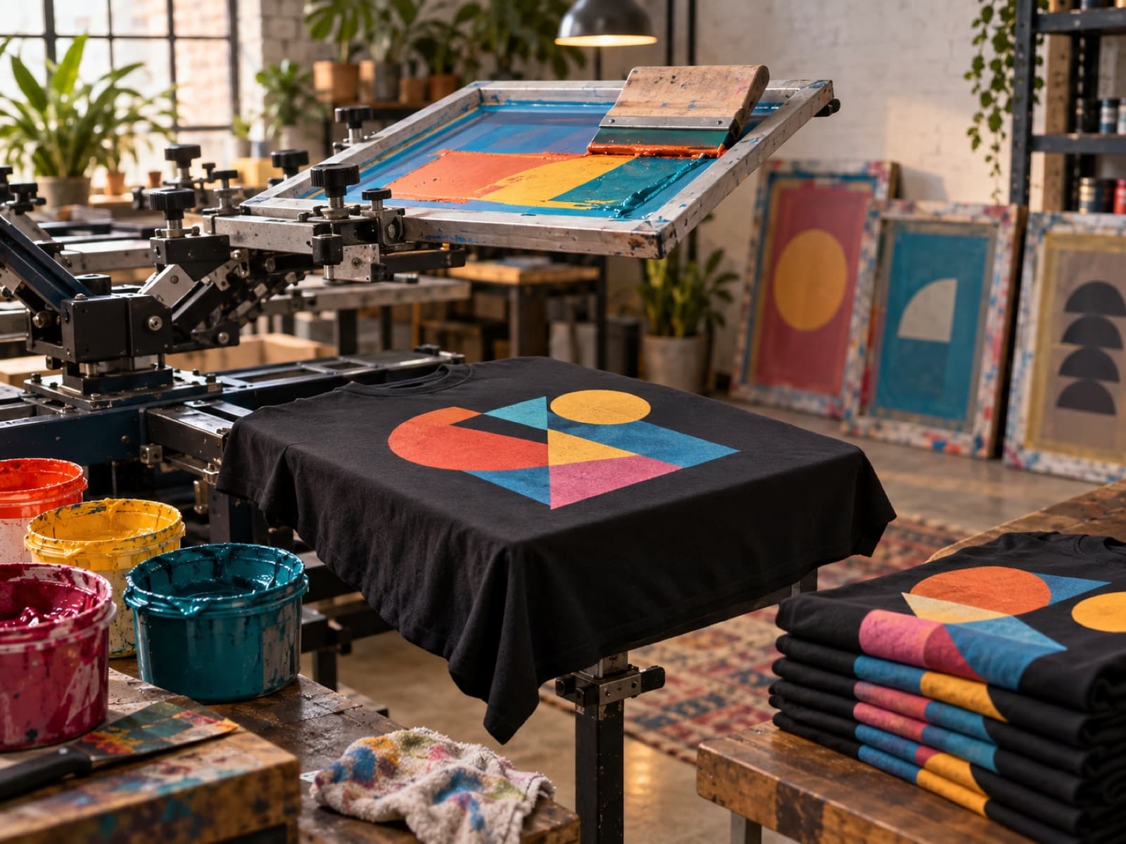 Screen printing pieces and materials in a maker’s workshop