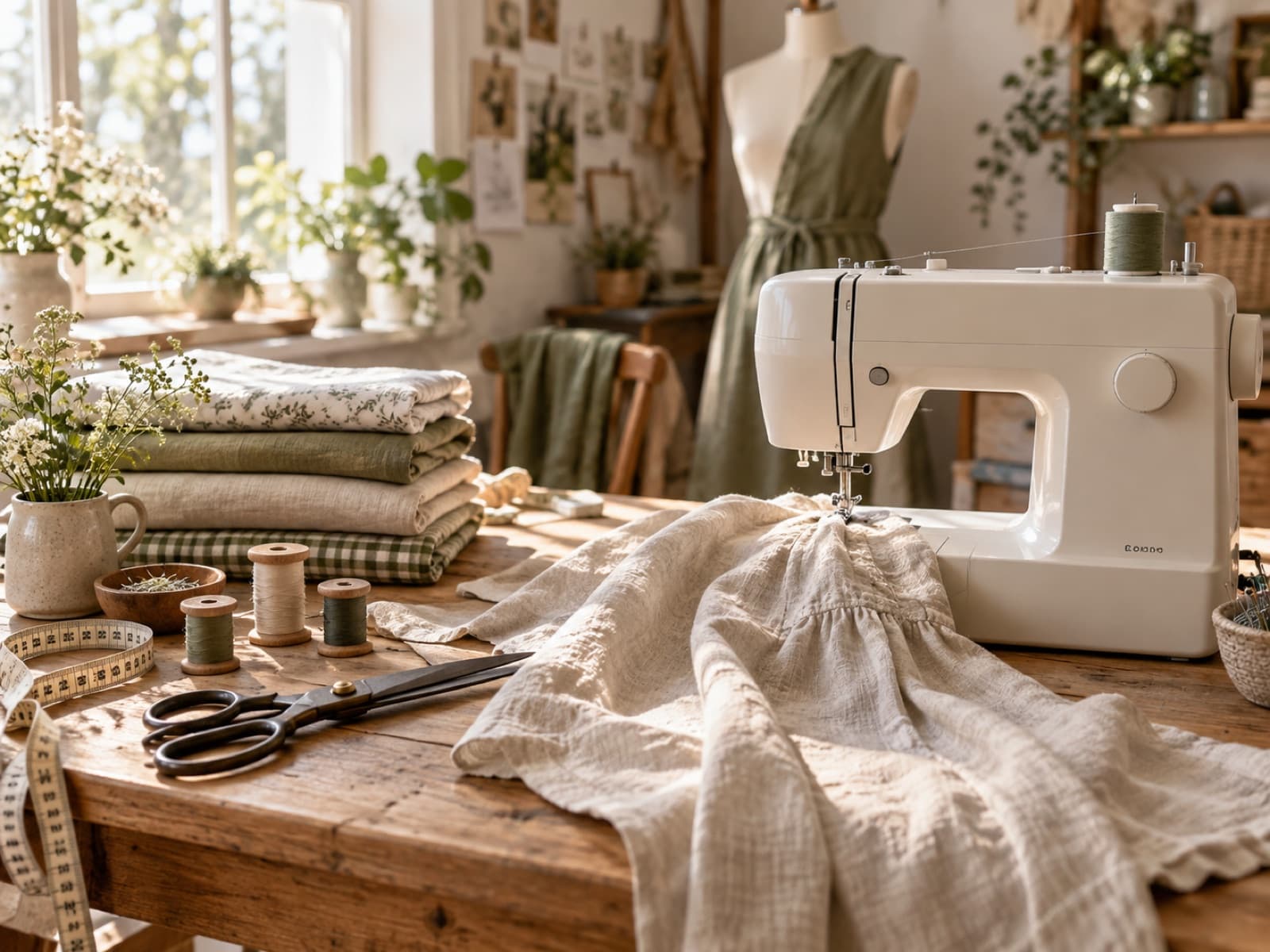 A sewing studio with fabric, a garment on a dress form, and a machine on the table.