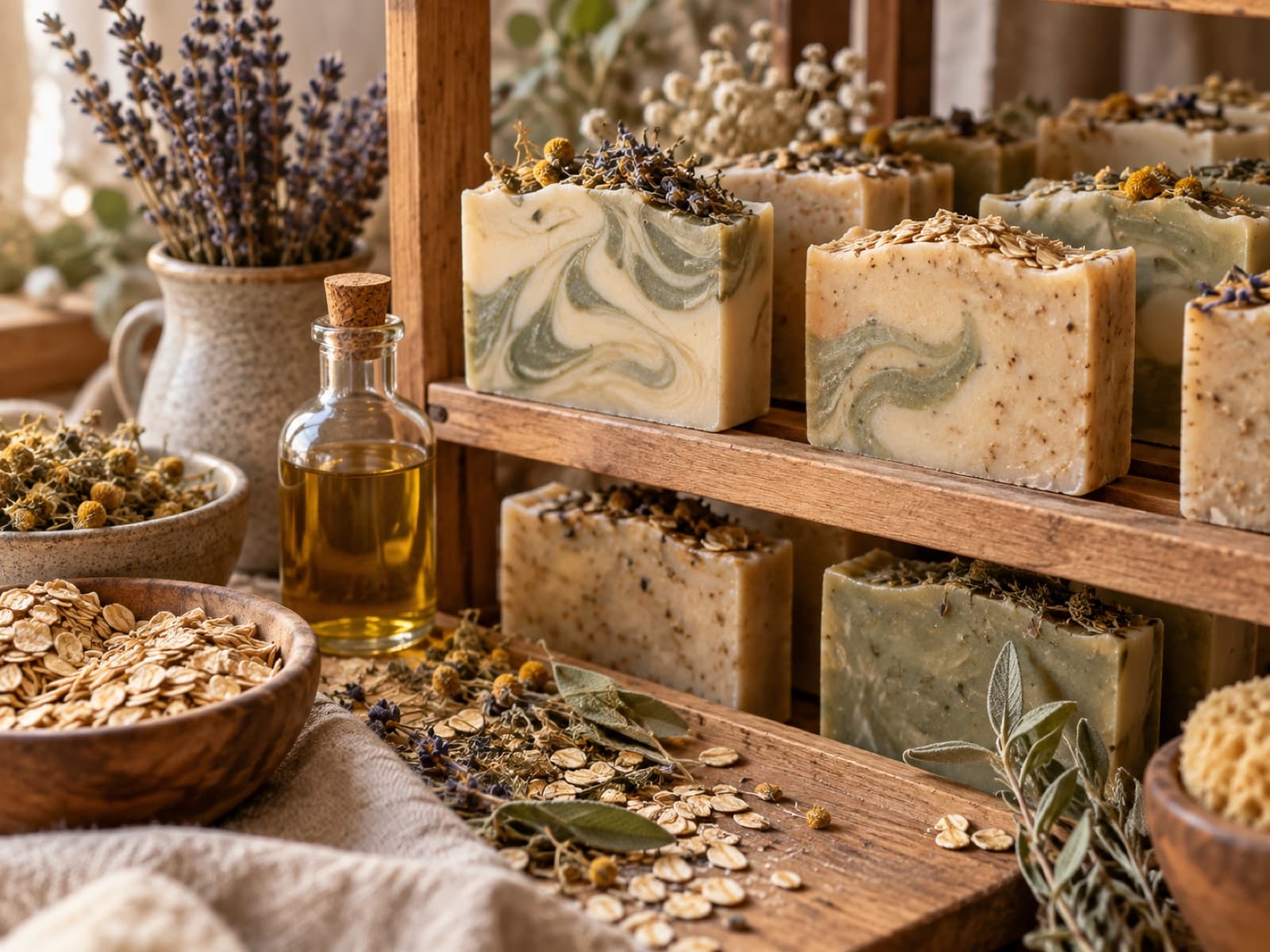 Handmade soap bars curing on a wooden rack beside oils and botanicals.