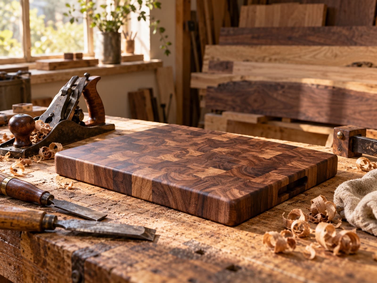 A woodworking studio with hardwood boards, a cutting board on the bench, and warm natural light.